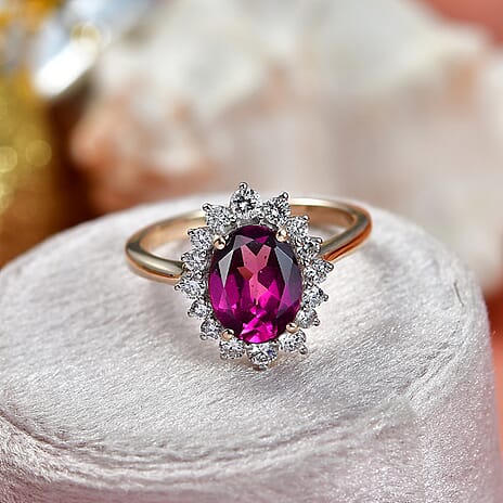 Tony Diniz Collection- 9K Yellow Gold Natural Radiant Ember Purple Garnet & SI-G-H Lab Grown Diamond Halo Ring 2.48 Ct.