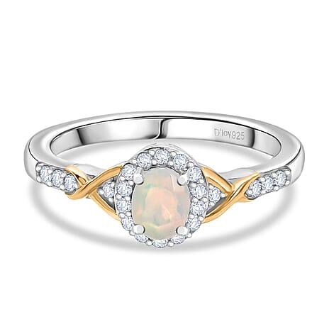 D'Joy Faceted Ethiopian Opal & White Zircon Ring in Platinum Overlay & Yellow Gold Plated Sterling Silver 0.50 Ct.