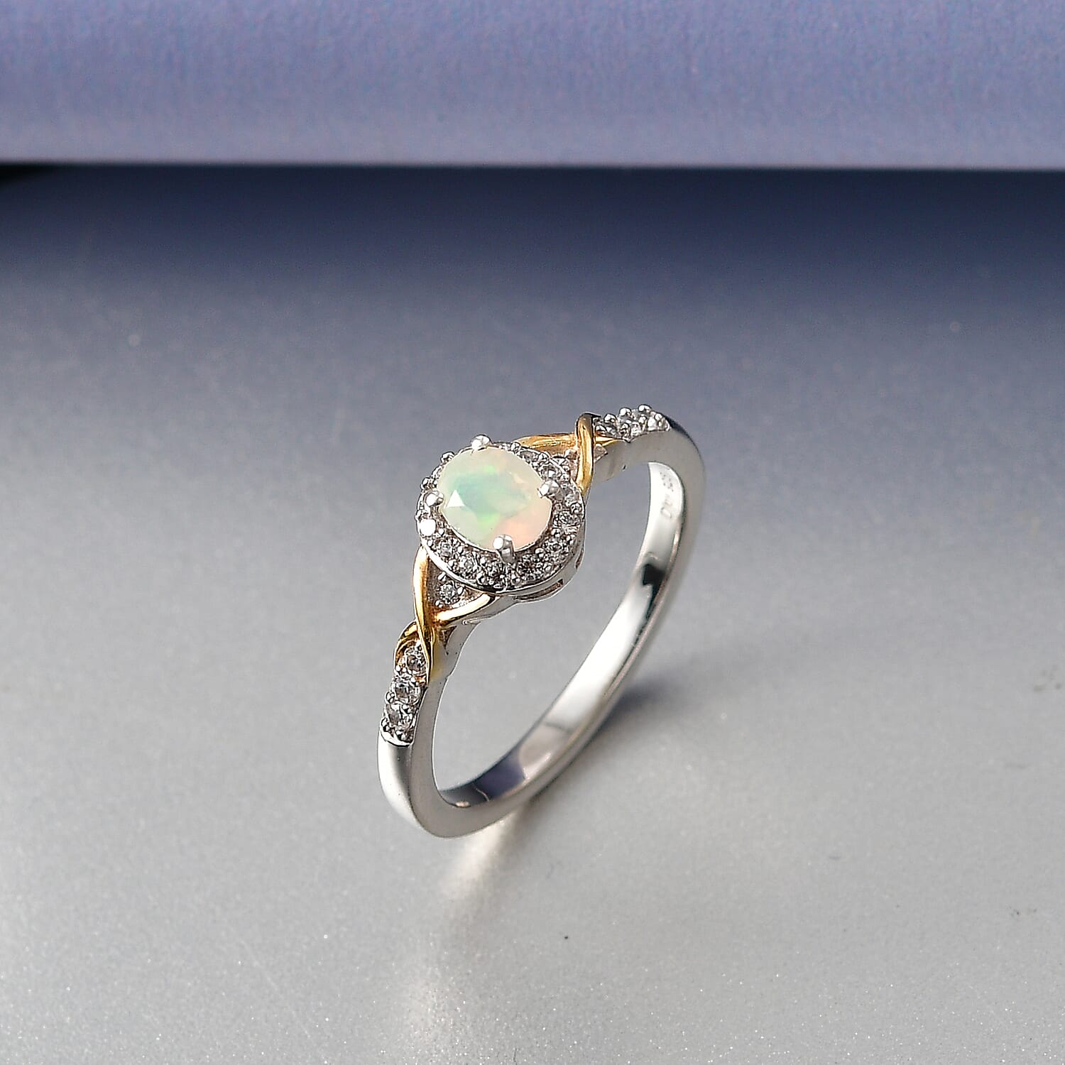D'Joy Faceted Ethiopian Opal & White Zircon Ring in Platinum Overlay & Yellow Gold Plated Sterling Silver 0.50 Ct.