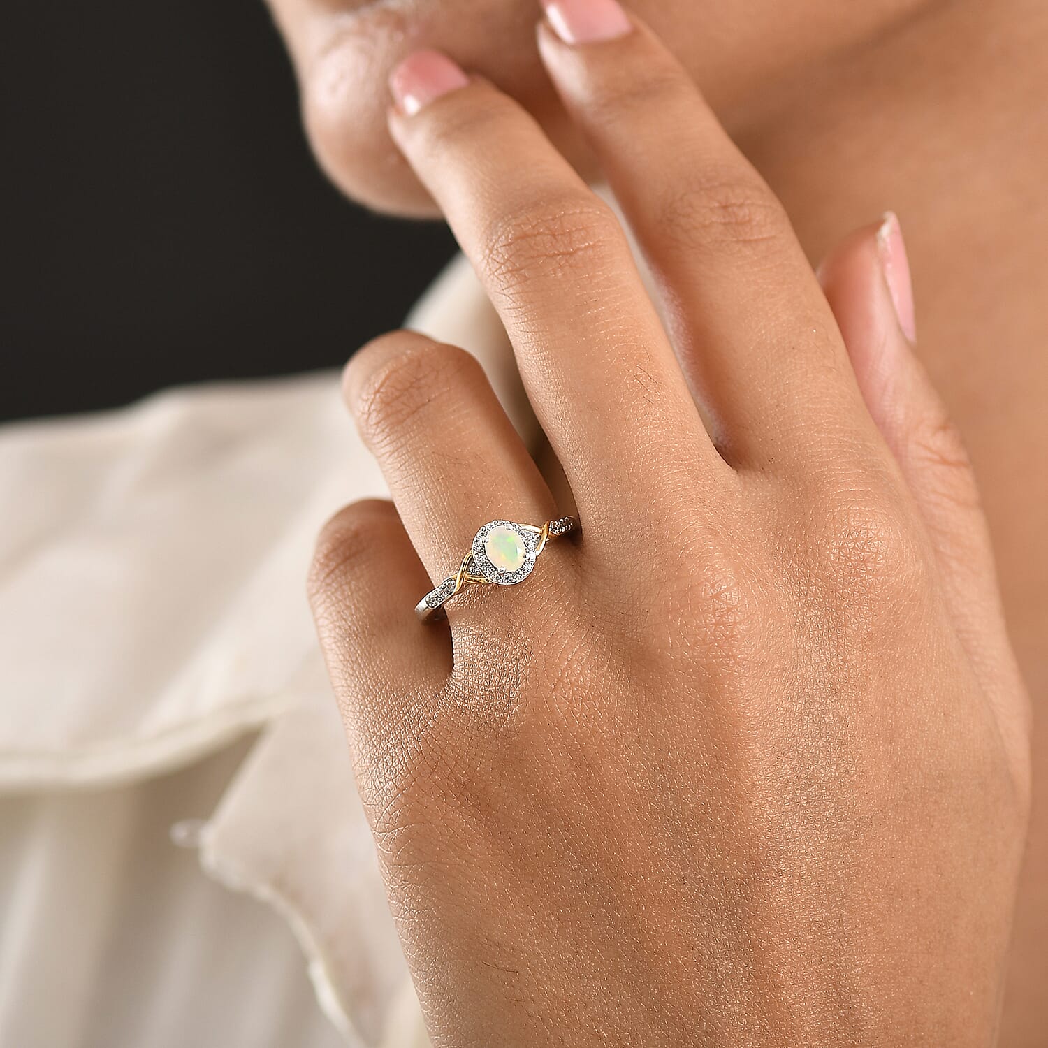 D'Joy Faceted Ethiopian Opal & White Zircon Ring in Platinum Overlay & Yellow Gold Plated Sterling Silver 0.50 Ct.