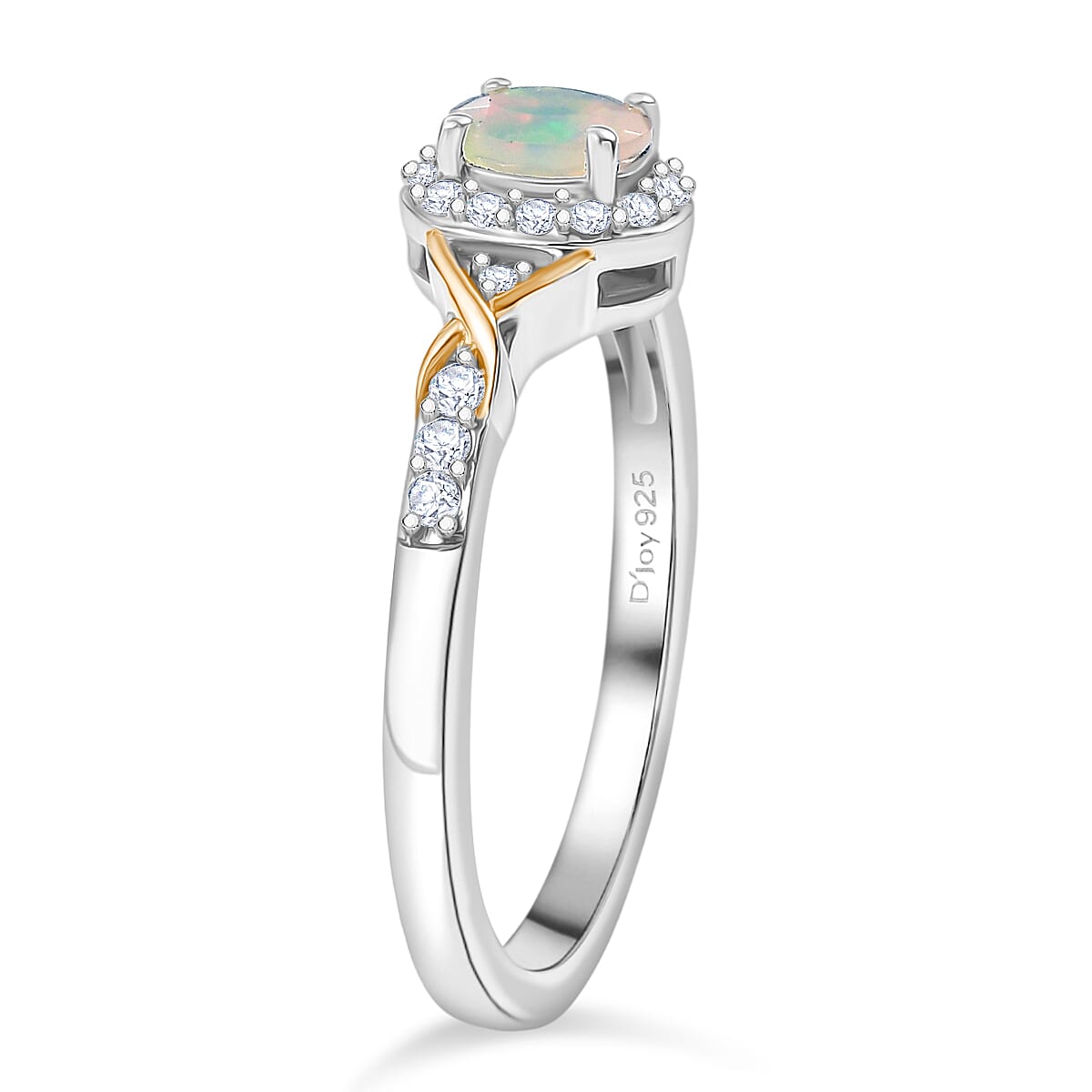 D'Joy Faceted Ethiopian Opal & White Zircon Ring in Platinum Overlay & Yellow Gold Plated Sterling Silver 0.50 Ct.