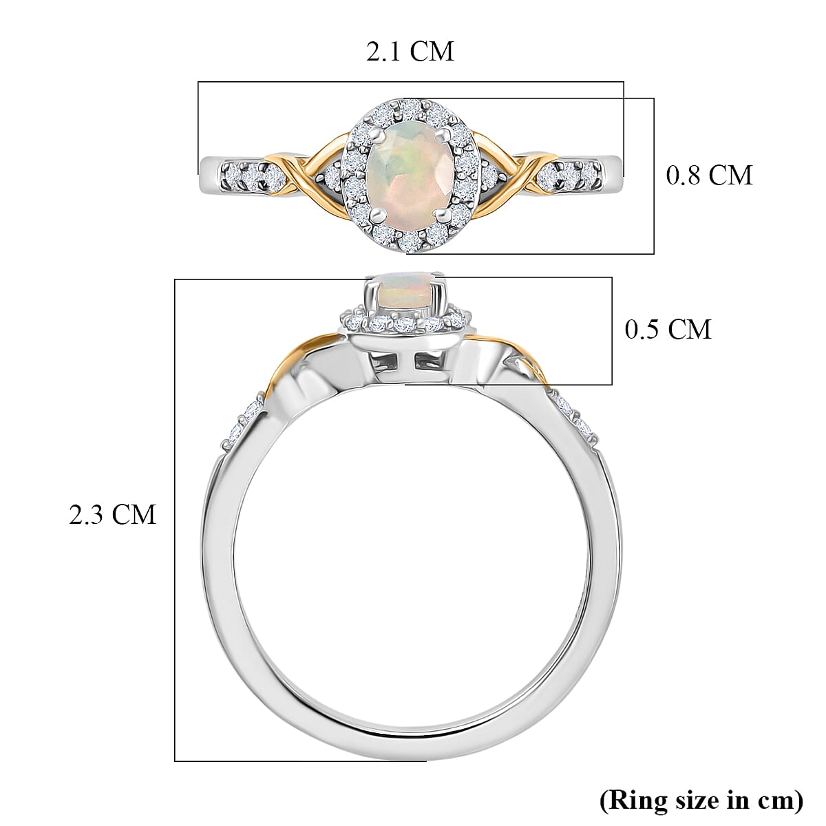D'Joy Faceted Ethiopian Opal & White Zircon Ring in Platinum Overlay & Yellow Gold Plated Sterling Silver 0.50 Ct.