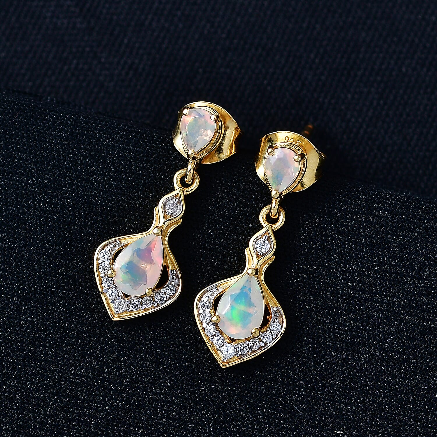 D'Joy Faceted Ethiopian Opal, White Zircon Dangling Earring with Push Back in Yellow Gold Plated Sterling Silver
