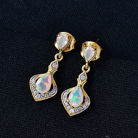 D'Joy Faceted Ethiopian Opal, White Zircon Dangling Earring with Push Back in Yellow Gold Plated Sterling Silver