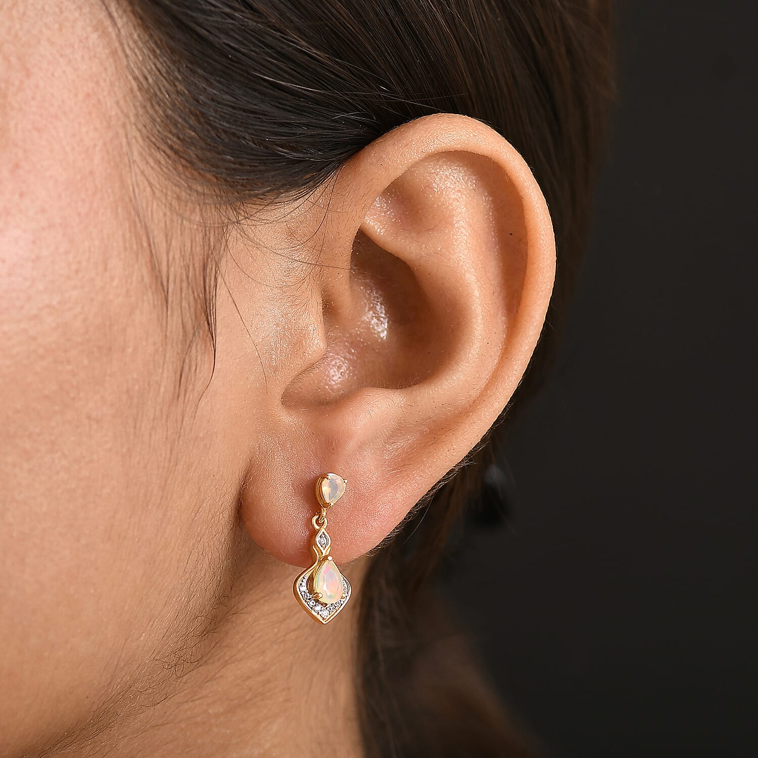 D'Joy Faceted Ethiopian Opal, White Zircon Dangling Earring with Push Back in Yellow Gold Plated Sterling Silver