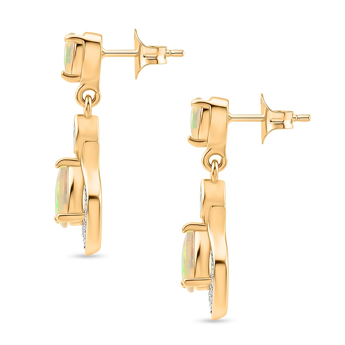 D'Joy Faceted Ethiopian Opal, White Zircon Dangling Earring with Push Back in Yellow Gold Plated Sterling Silver