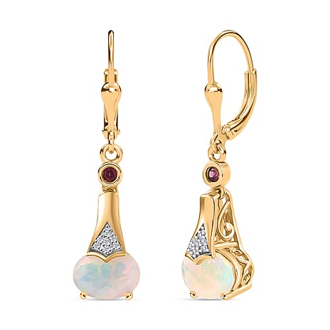 D'Joy Faceted Ethiopian Opal, Rhodolite Garnet & White Zircon Drop Earring with Lever Back in Yellow Gold Plated Sterling Silver 1.72 Ct.