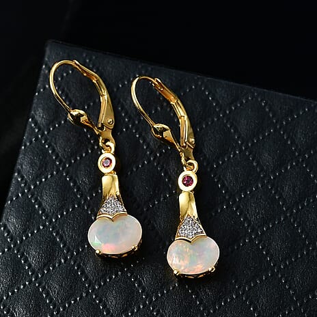 D'Joy Faceted Ethiopian Opal, Rhodolite Garnet & White Zircon Drop Earring with Lever Back in Yellow Gold Plated Sterling Silver 1.72 Ct.