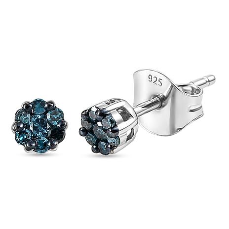D'Joy Blue Diamond Stud Earring with Push Back in Rhodium Overlay Sterling Silver