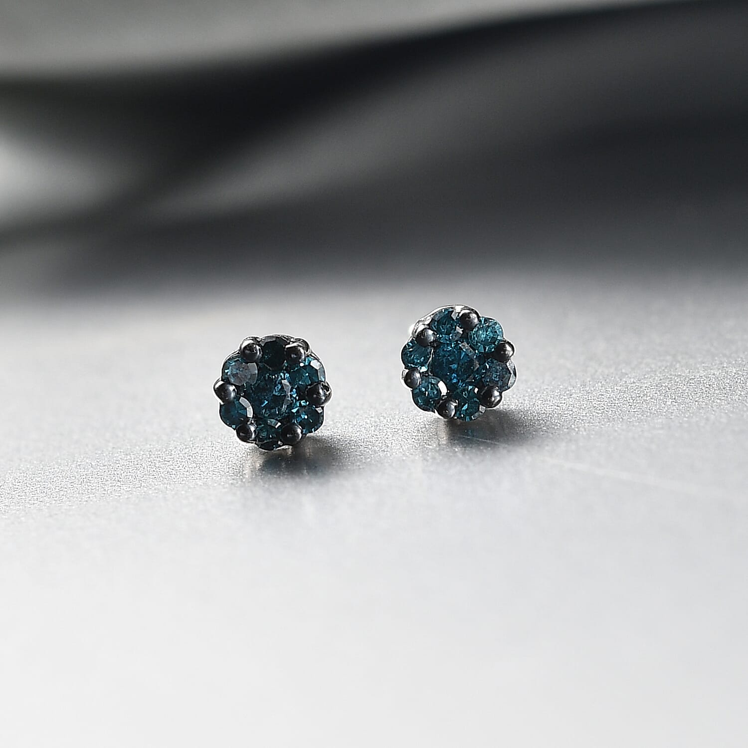D'Joy Blue Diamond Stud Earring with Push Back in Rhodium Overlay Sterling Silver