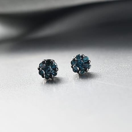 D'Joy Blue Diamond Stud Earring with Push Back in Rhodium Overlay Sterling Silver