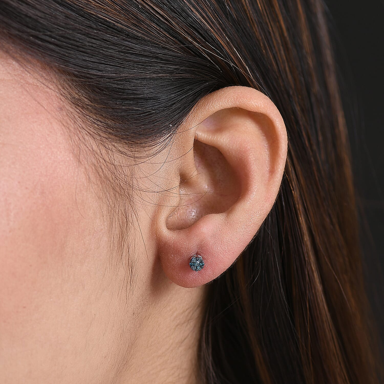 D'Joy Blue Diamond Stud Earring with Push Back in Rhodium Overlay Sterling Silver