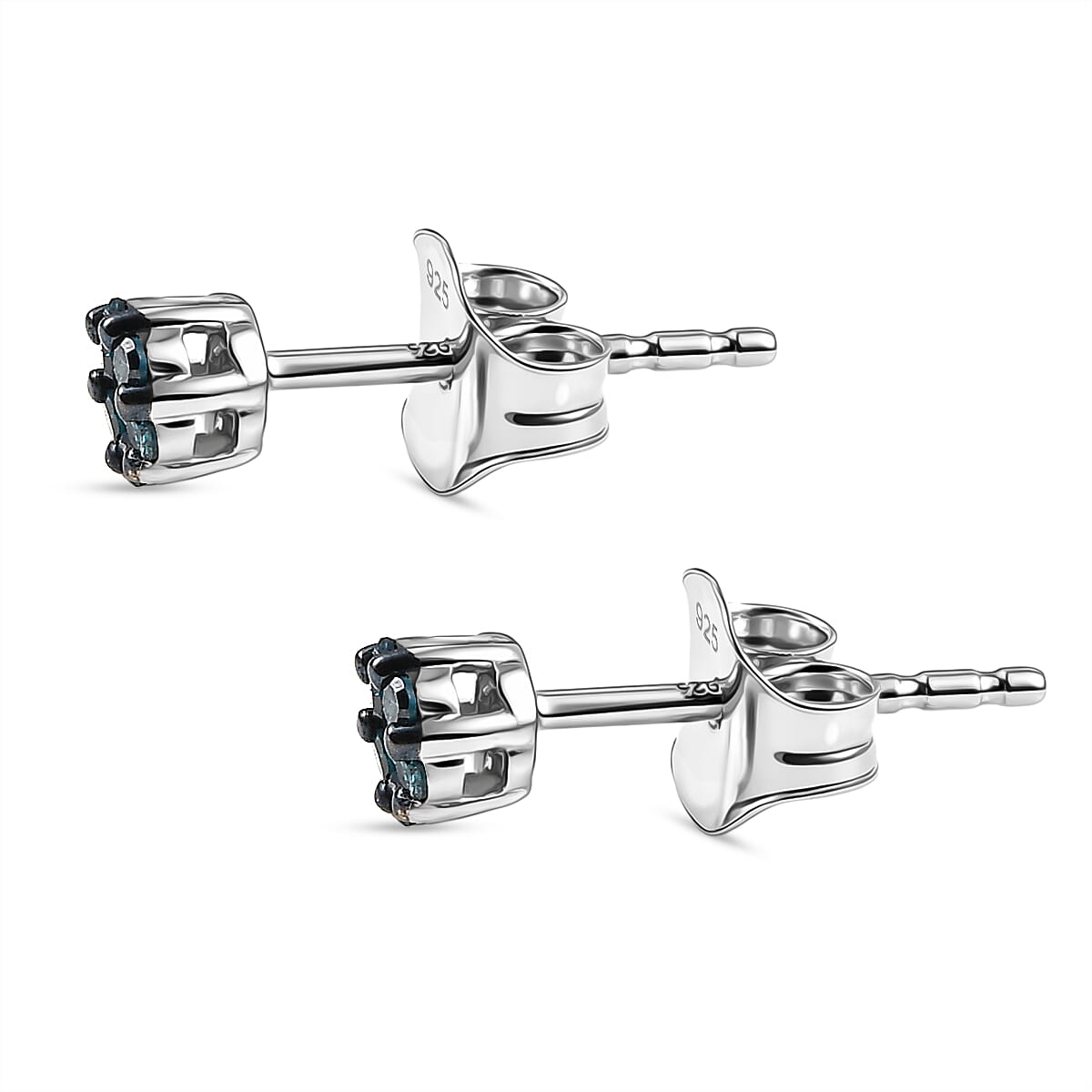 D'Joy Blue Diamond Stud Earring with Push Back in Rhodium Overlay Sterling Silver