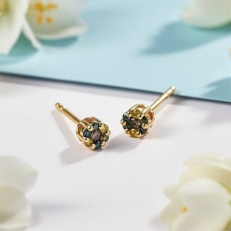 D'Joy Natural Champagne, Blue, Green & Yellow Diamond Stud Earring in 18K Vermeil Yellow Gold Plated Sterling Silver