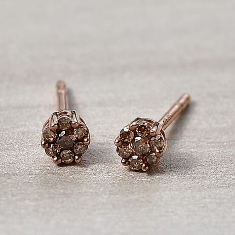 D'Joy Natural Champagne Diamond Stud Earring with Push Back in 18K Vermeil Rose Gold Plated Sterling Silver