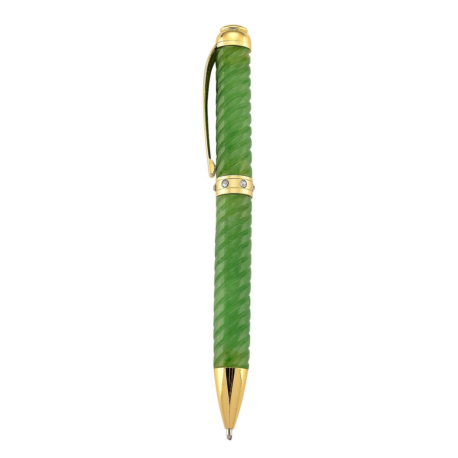 Natural Green Jade & White Crystal Ballpoint Pen