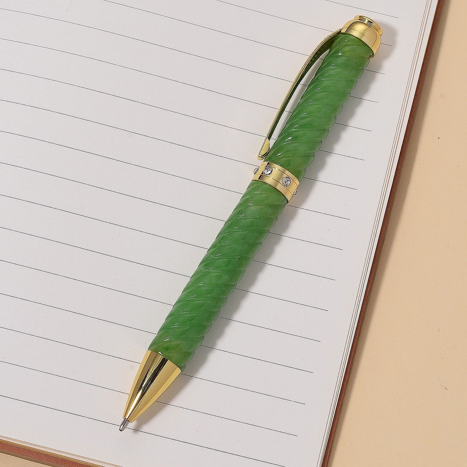 Natural Green Jade & White Crystal Ballpoint Pen
