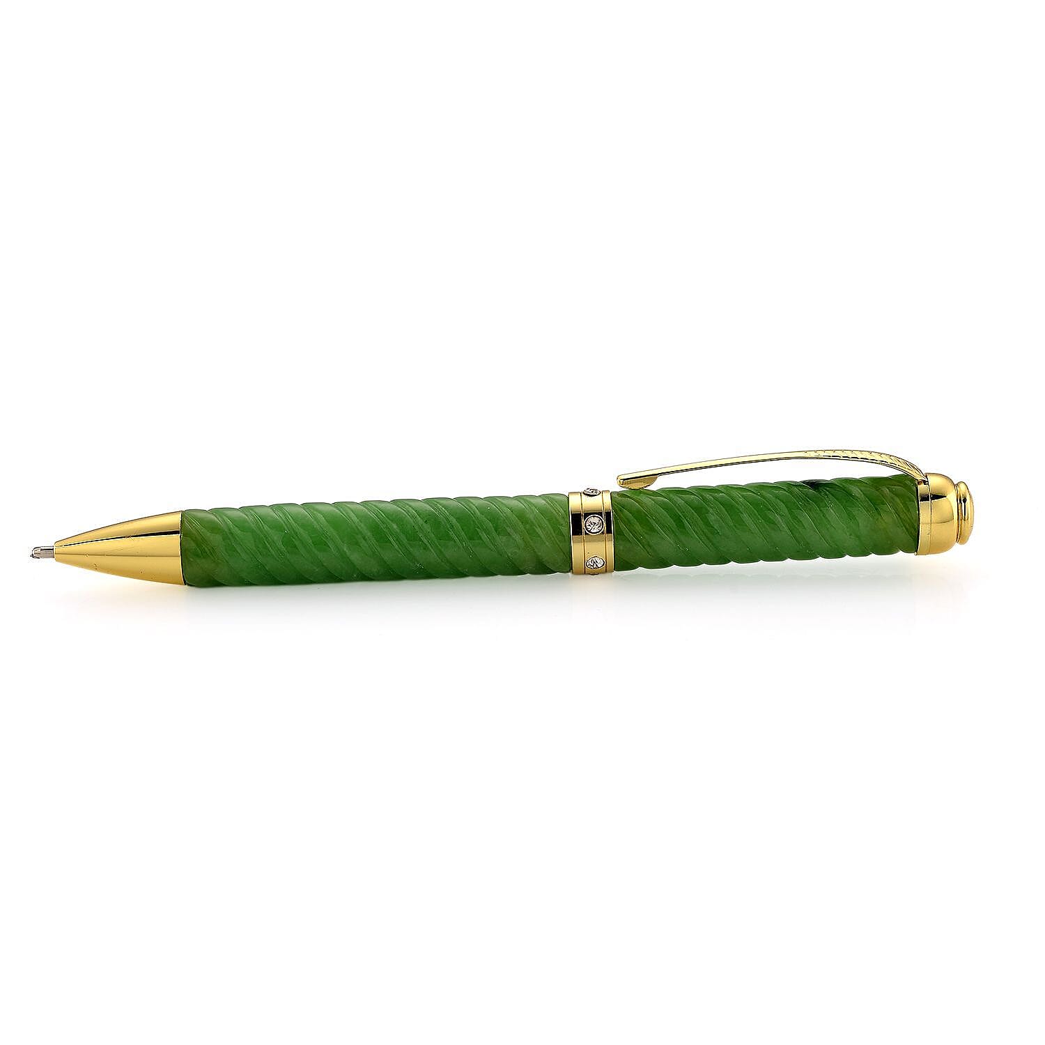 Natural Green Jade & White Crystal Ballpoint Pen