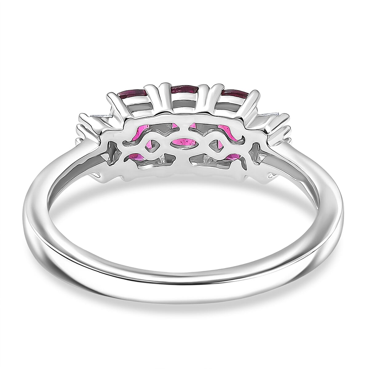 D'Joy Radiant Ember Garnet, White Diamond 3 Stone Ring in Rhodium OverlaySterling Silver  1.149  Ct.