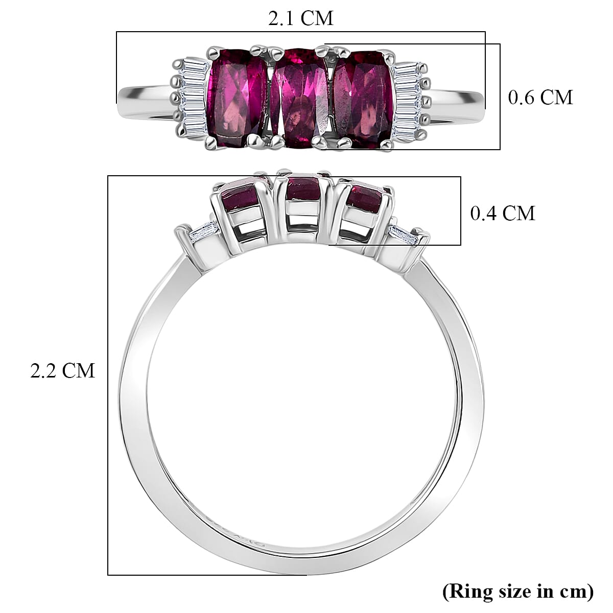 D'Joy Radiant Ember Garnet, White Diamond 3 Stone Ring in Rhodium OverlaySterling Silver  1.149  Ct.
