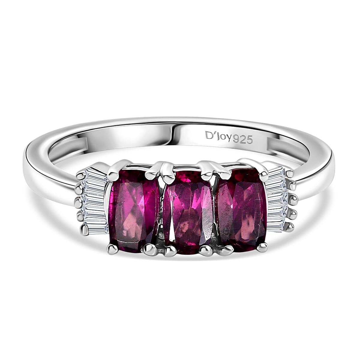 D'Joy Natural Radiant Ember Garnet & White Diamond Trilogy Ring in Rhodium Overlay Sterling Silver 1.17 Ct.