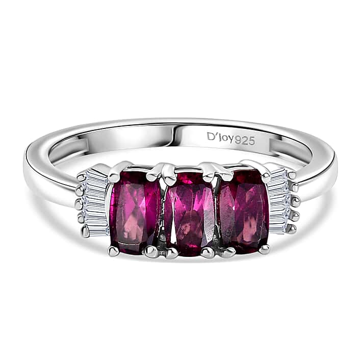D'Joy Natural Radiant Ember Garnet & White Diamond Trilogy Ring in Rhodium Overlay Sterling Silver 1.17 Ct.