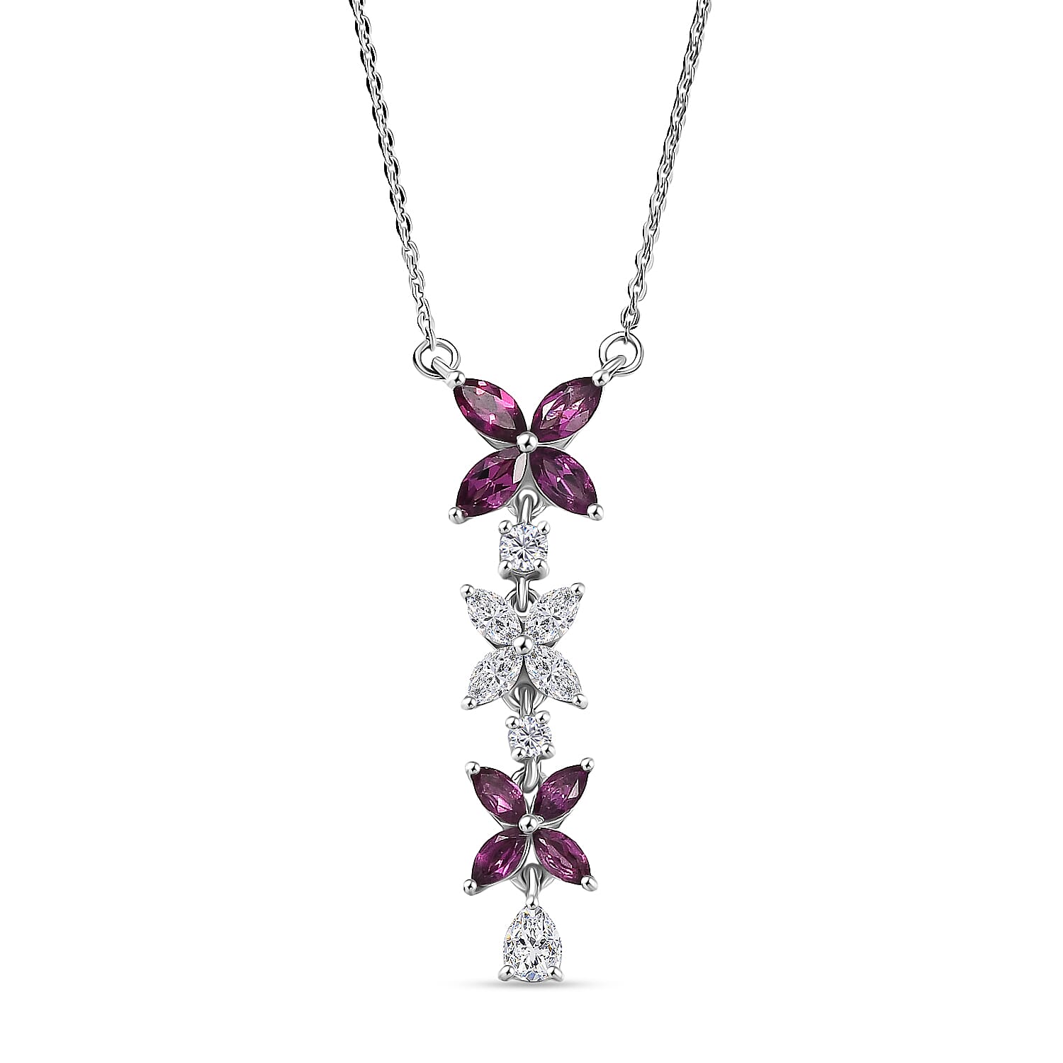 D'Joy Radiant Ember Garnet & Moissanite Butterfly Long Necklace (Size - 20) with Lobster Clasp in Rhodium Overlay Sterling Silver 1.63 Ct.