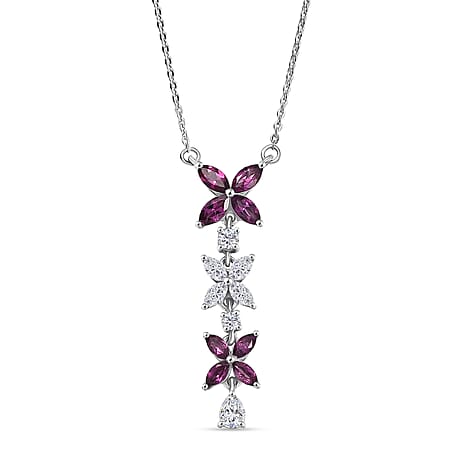 D'Joy Radiant Ember Garnet & Moissanite Butterfly Long Necklace (Size - 20) with Lobster Clasp in Rhodium Overlay Sterling Silver 1.63 Ct.