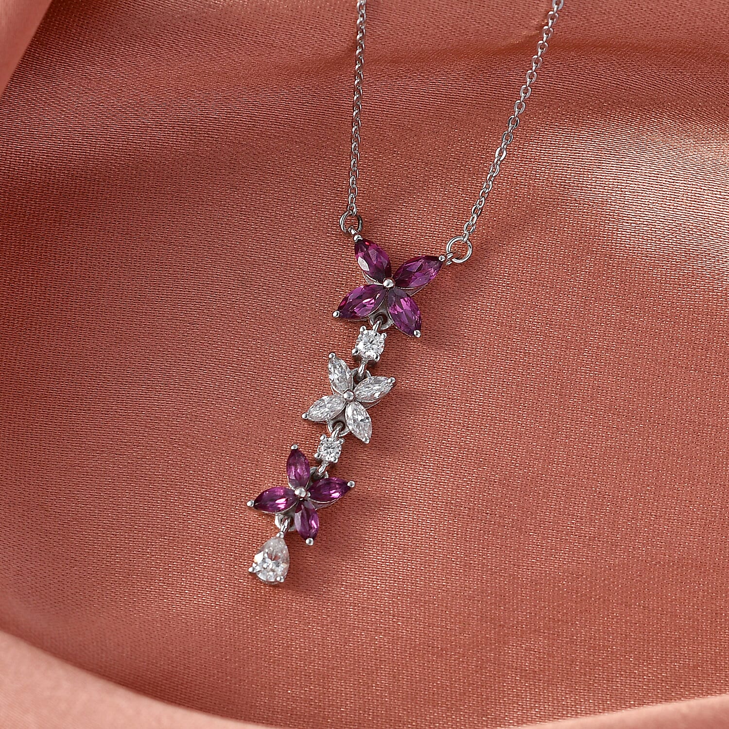 D'Joy Radiant Ember Garnet & Moissanite Butterfly Long Necklace (Size - 20) with Lobster Clasp in Rhodium Overlay Sterling Silver 1.63 Ct.