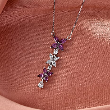 D'Joy Natural Radiant Ember Garnet & Moissanite Butterfly Long Necklace (Size - 20) with Lobster Clasp in Rhodium Overlay Sterling Silver 1.63 Ct.