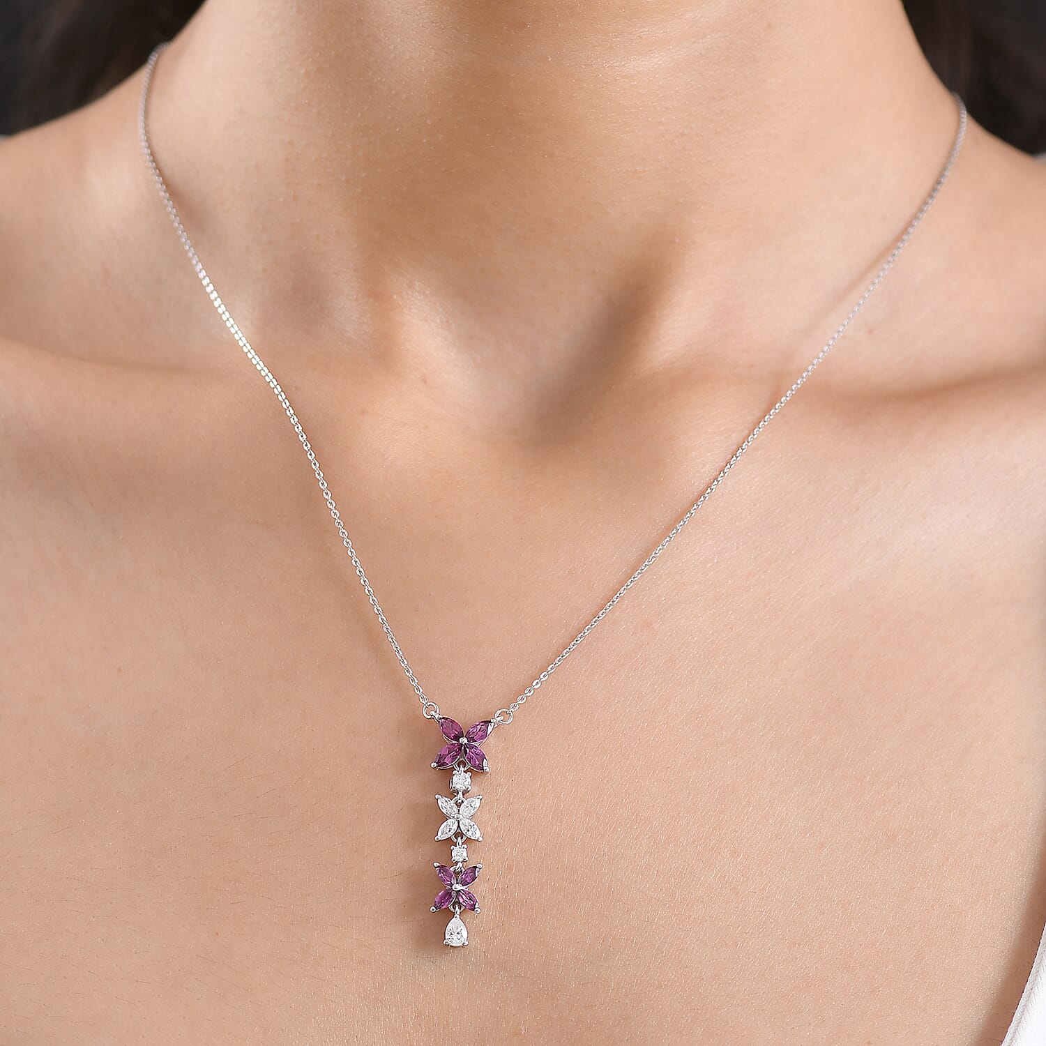 D'Joy Radiant Ember Garnet & Moissanite Butterfly Long Necklace (Size - 20) with Lobster Clasp in Rhodium Overlay Sterling Silver 1.63 Ct.