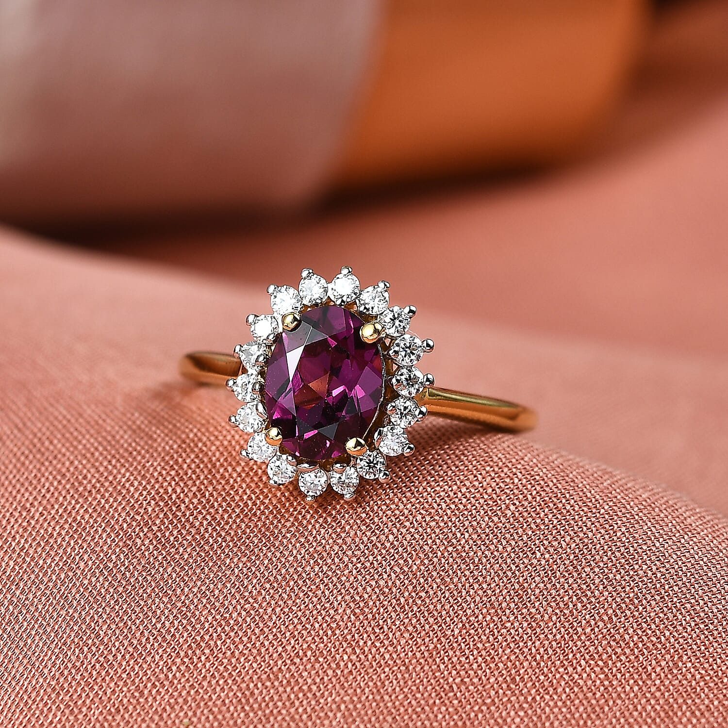 D'Joy Radiant Ember Garnet, Moissanite Main Stone With Surrounding Stone Ring in 18K YG VermeilSterling Silver  1.707  Ct.