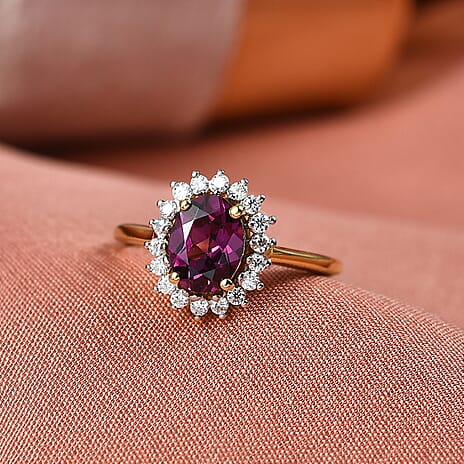 D'Joy Natural Royal Ember Garnet & Moissanite Sunburst Ring in 18K Vermeil Yellow Gold Plated Sterling Silver 1.71 Ct.