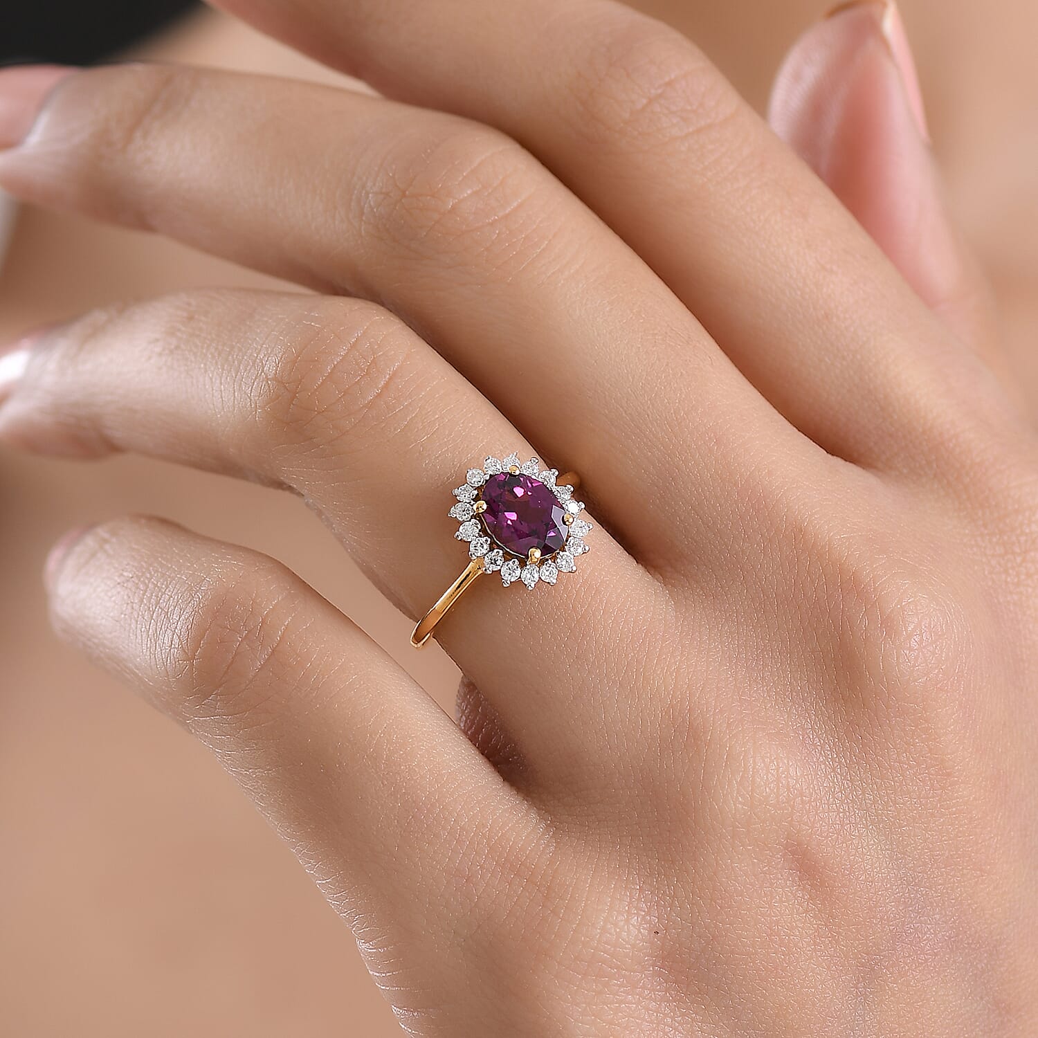 D'Joy Radiant Ember Garnet, Moissanite Main Stone With Surrounding Stone Ring in 18K YG VermeilSterling Silver  1.707  Ct.