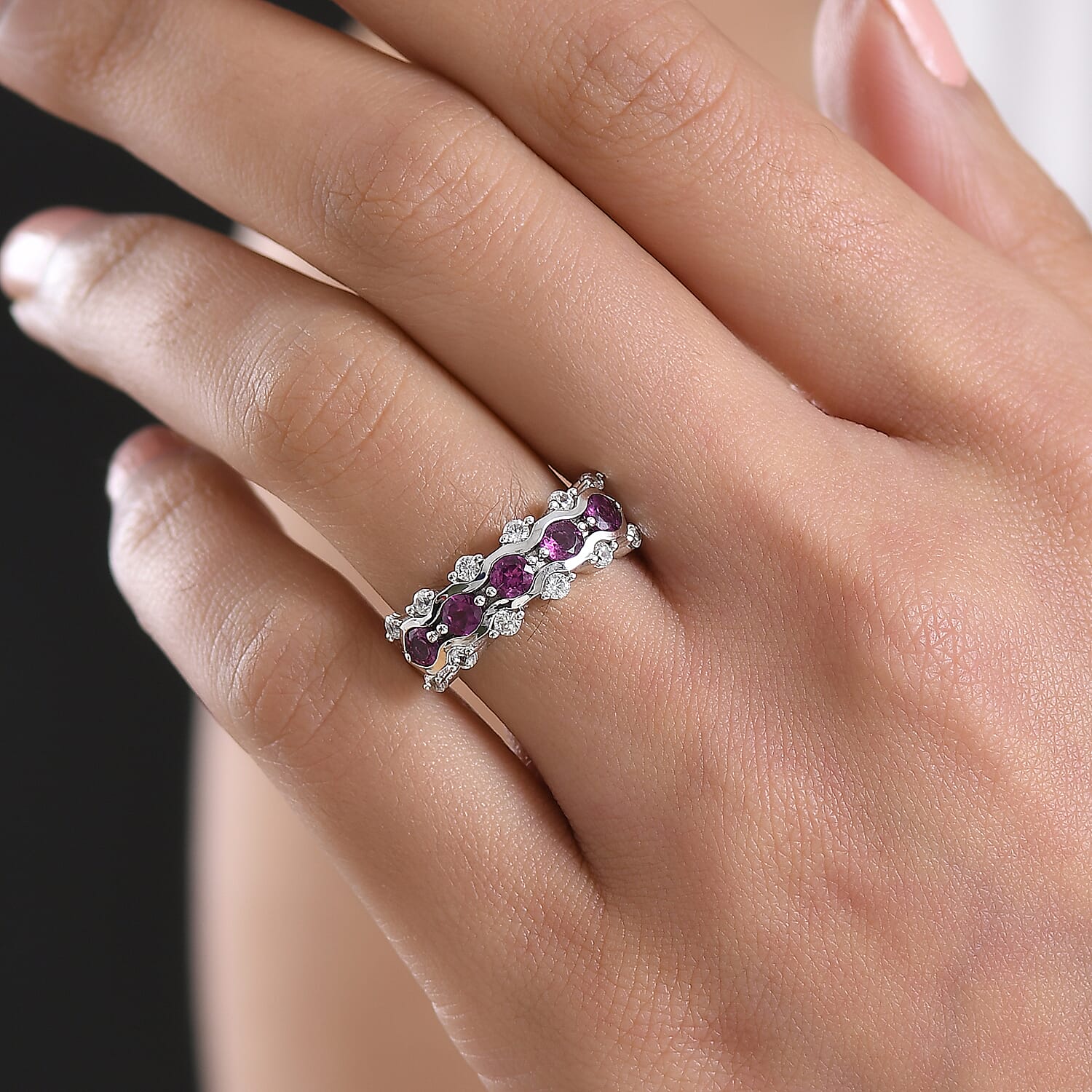 D'Joy Radiant Ember Garnet, White Zircon 5 Stone Ring in Rhodium OverlaySterling Silver  1.809  Ct.