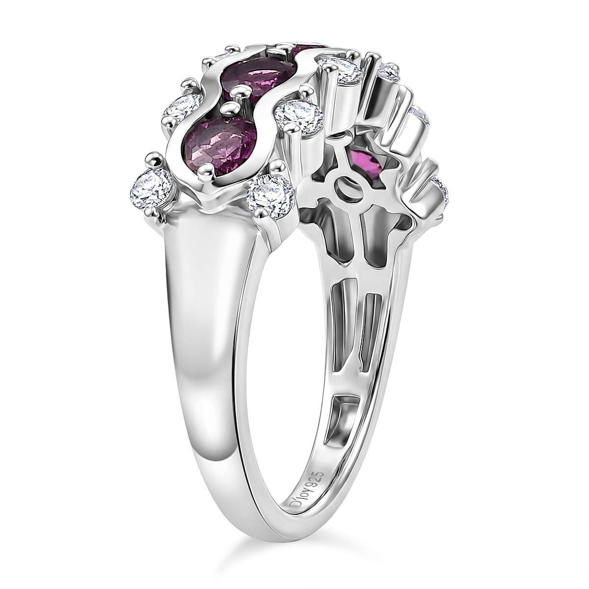 D'Joy Radiant Ember Garnet, White Zircon 5 Stone Ring in Rhodium OverlaySterling Silver  1.809  Ct.