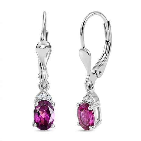 D'Joy Radiant Ember Garnet, White Zircon Solitaire Lever Back Earring in Platinum OverlaySterling Silver  1.214  Ct.