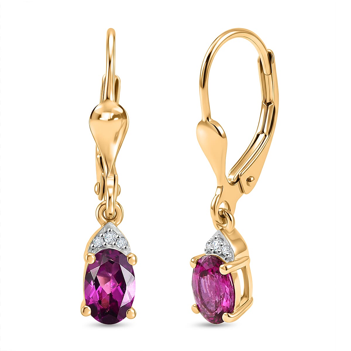 D'Joy Radiant Ember Garnet, White Zircon Solitaire Lever Back Earring in 18K YG PlatingSterling Silver  1.214  Ct.