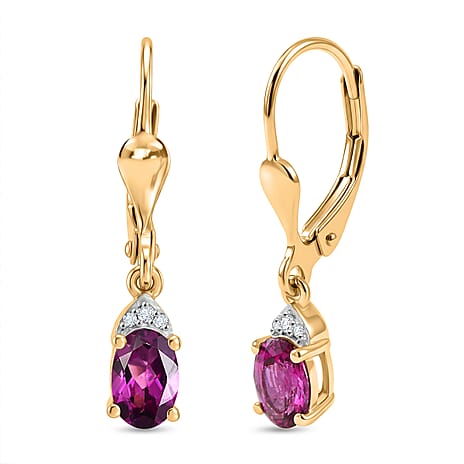 D'Joy Radiant Ember Garnet, White Zircon Solitaire Lever Back Earring in 18K YG PlatingSterling Silver  1.214  Ct.