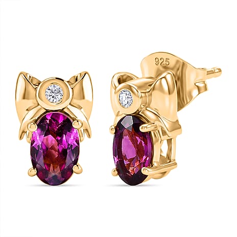 D'Joy Radiant Ember Garnet, Lab Grown Diamond Solitaire Stud Push Post Earring in 18K YG PlatingSterling Silver  1.222  Ct.