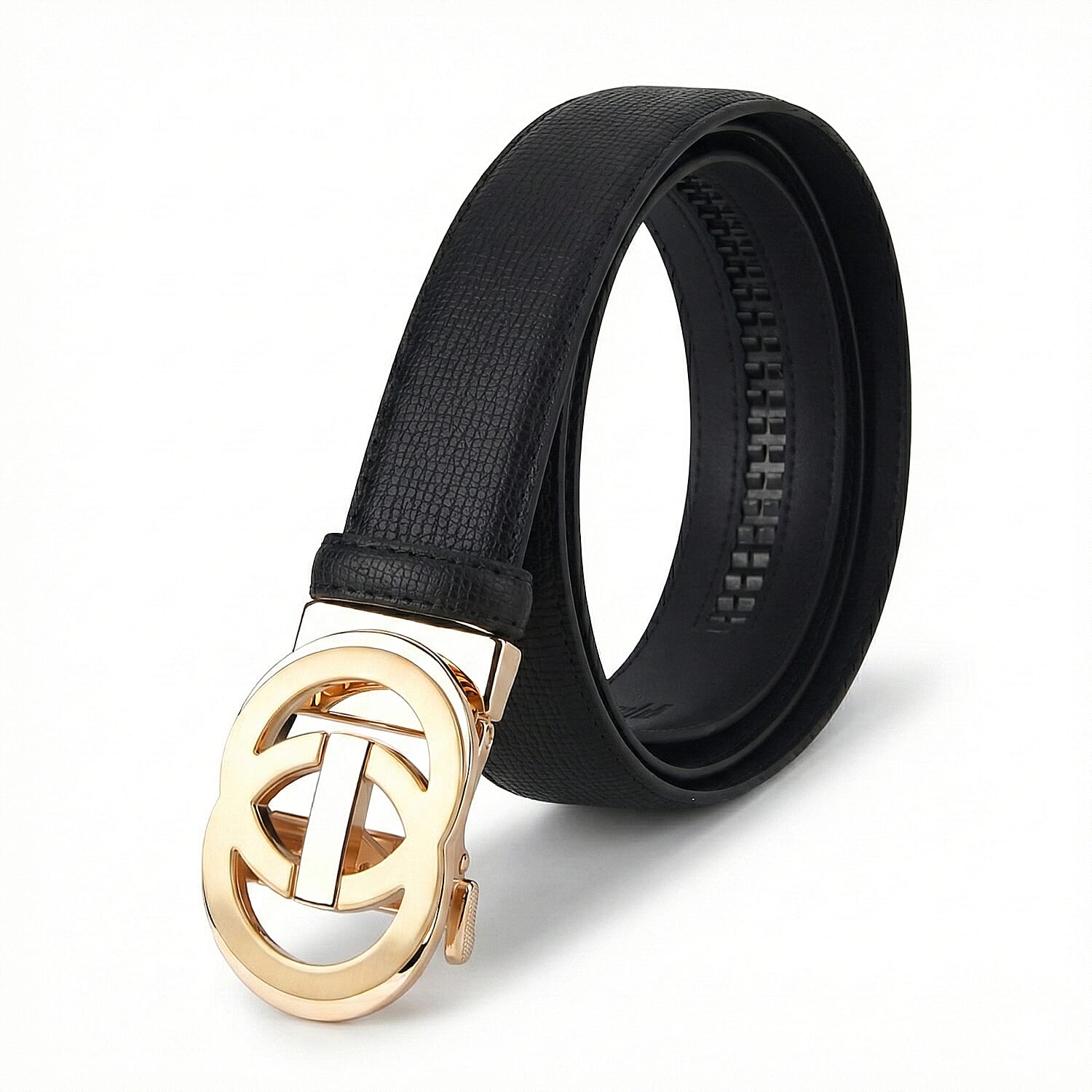 Genuine Leather Designer Belt with Gold Interlocking Circular Buckle (115 x 3.5cm) - Black