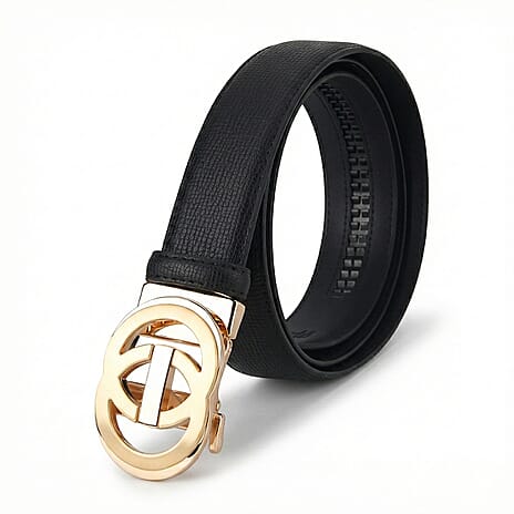 Genuine Leather Designer Belt with Gold Interlocking Circular Buckle (115 x 3.5cm) - Black