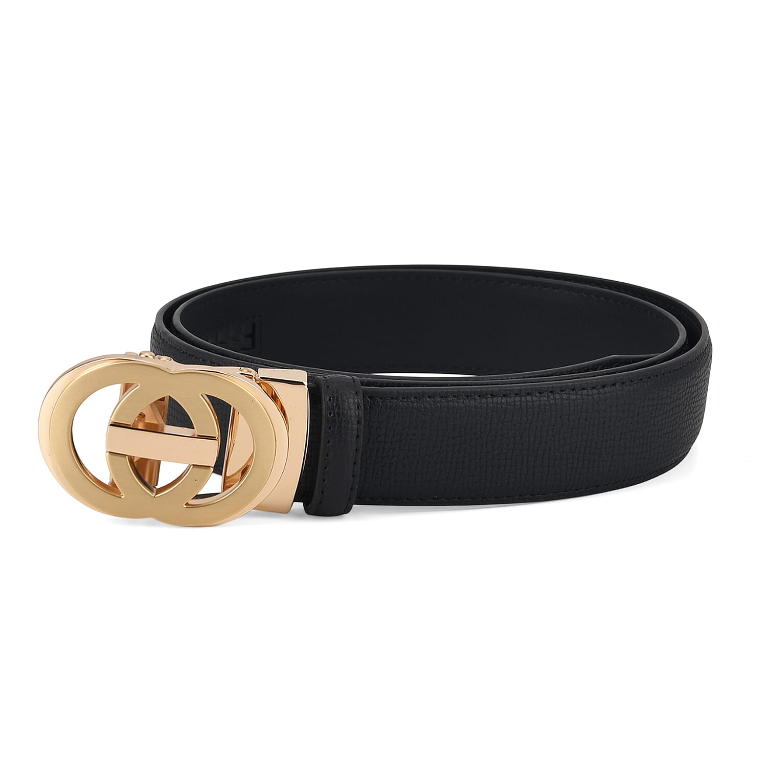 Genuine Leather Designer Belt with Gold Interlocking Circular Buckle (115 x 3.5cm) - Black