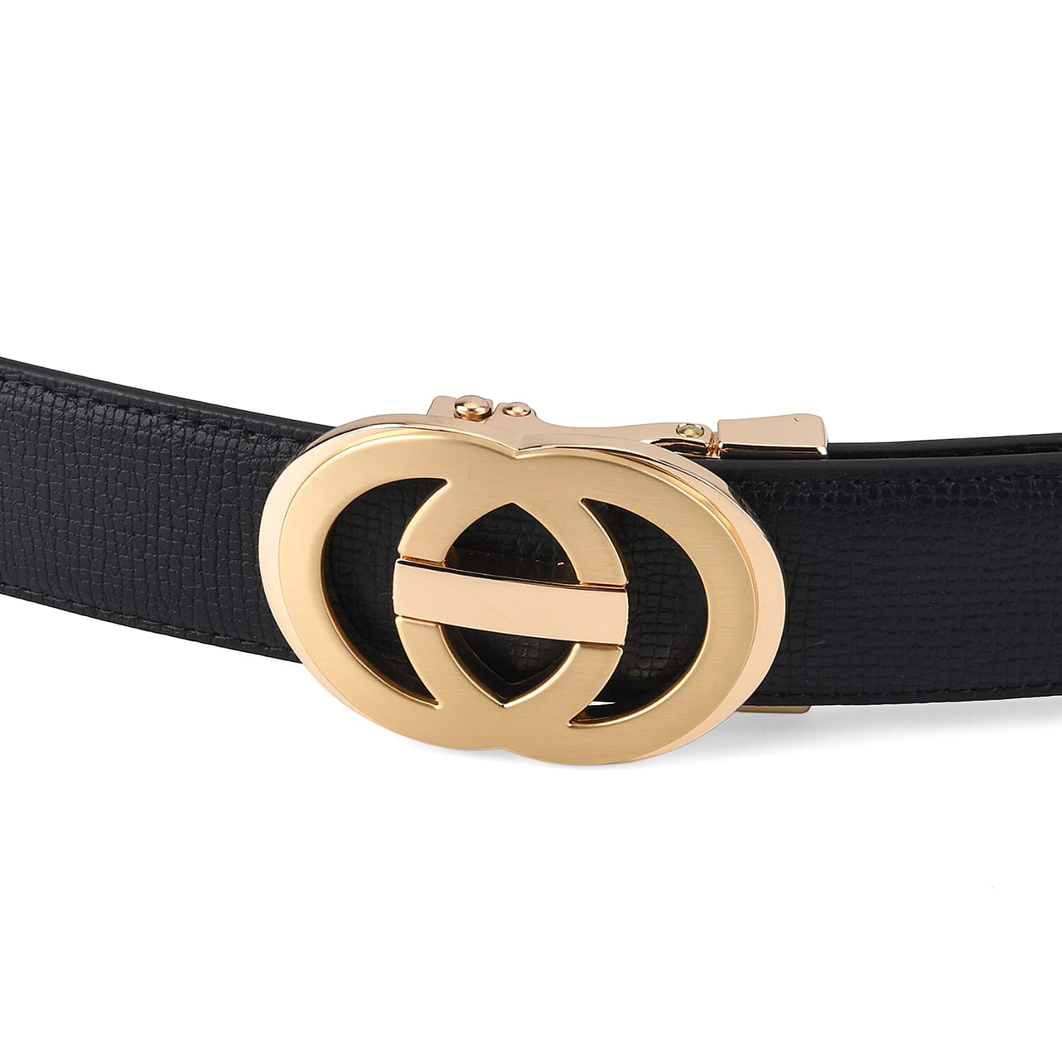 Genuine Leather Designer Belt with Gold Interlocking Circular Buckle (115 x 3.5cm) - Black