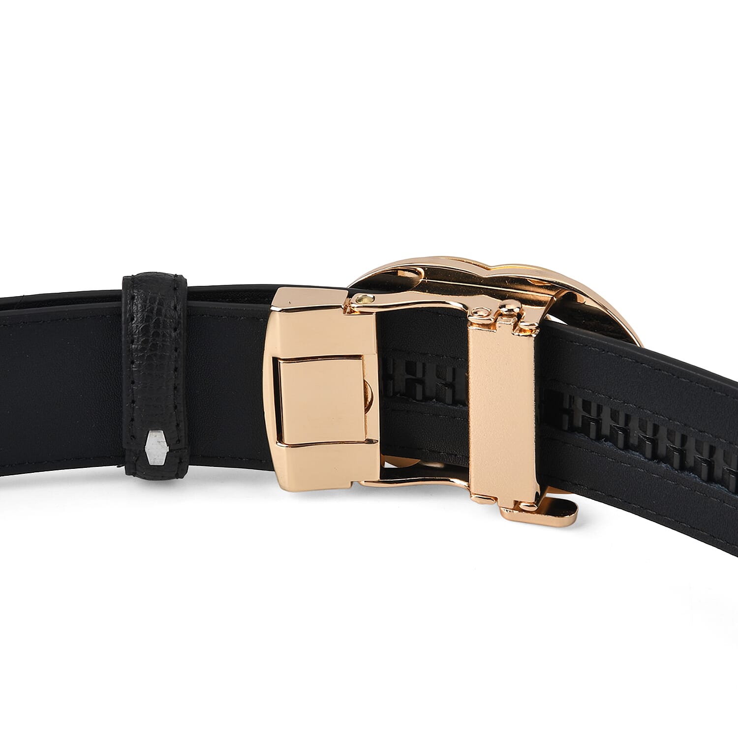 Genuine Leather Designer Belt with Gold Interlocking Circular Buckle (115 x 3.5cm) - Black