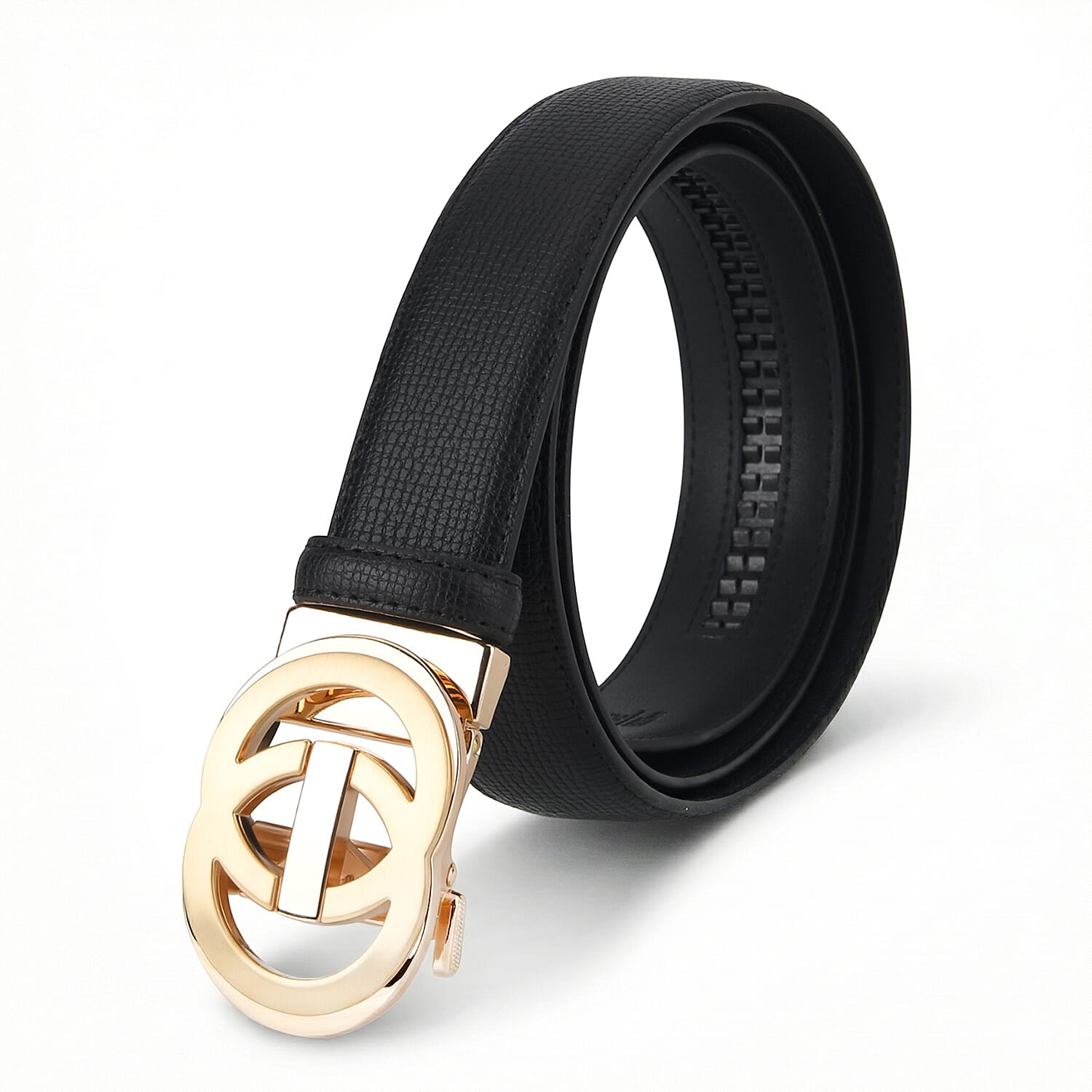 Genuine Leather Designer Belt with Interlocking Circular Buckle  (130 x 3.5cm) - Black