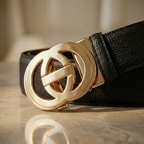Genuine Leather Unisex Belt with Interlocking Circular Buckle (130 CM, Large) - Black