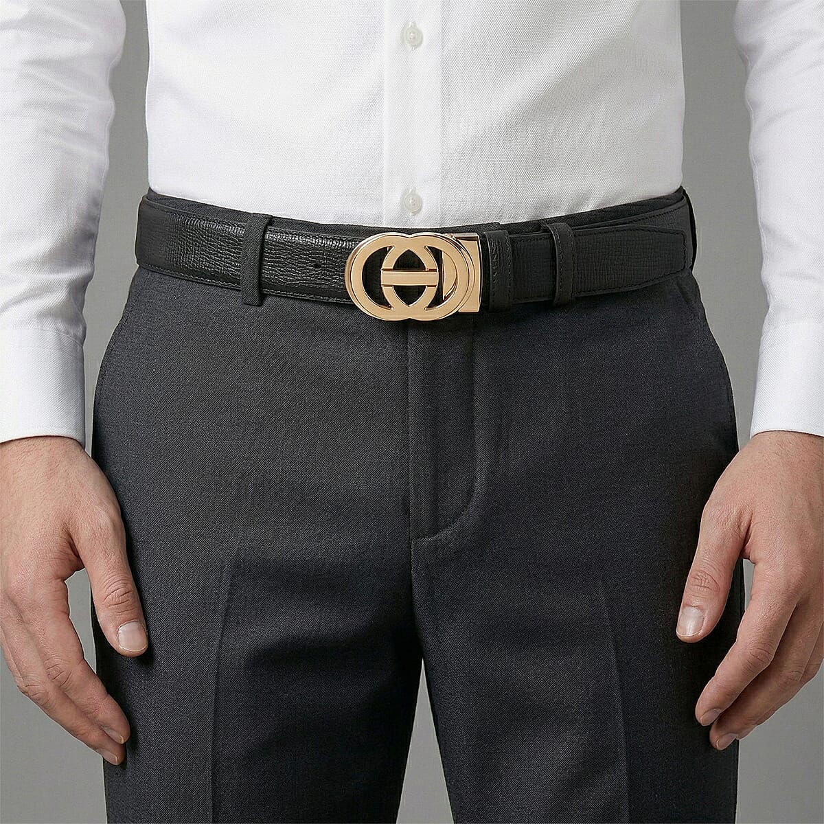 Genuine Leather Designer Belt with Interlocking Circular Buckle  (130 x 3.5cm) - Black