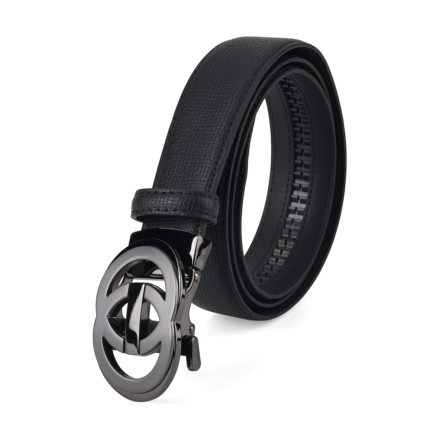 Genuine Leather Designer Belt with Interlocking Circular Buckle (115 x 3.5cm) - Black