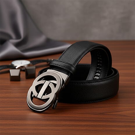 Genuine Leather Unisex Belt with Interlocking Circular Buckle (115 CM, Medium) - Black